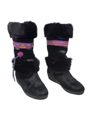 Vintage Tecnica Italy Genuine Fur Après Ski Boots Black Tassels US 8.5